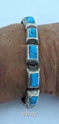 Bracelet articulé en argent sterling et turquoise de Taxco à l'ancienne/7 pouces de longueur