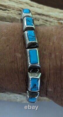 Bracelet articulé en argent sterling et turquoise de Taxco à l'ancienne/7 pouces de longueur