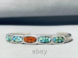 Bracelet authentique vintage en argent sterling avec turquoise et corail Navajo