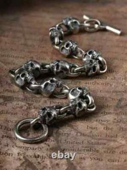 Bracelet couple en argent sterling 925 fait main, lourd, style biker punk rétro avec crânes solides