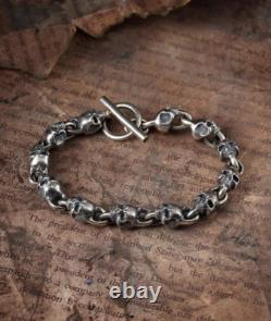 Bracelet couple en argent sterling 925 fait main, lourd, style biker punk rétro avec crânes solides