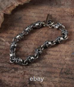 Bracelet couple en argent sterling 925 fait main, lourd, style biker punk rétro avec crânes solides