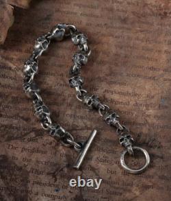 Bracelet couple en argent sterling 925 fait main, lourd, style biker punk rétro avec crânes solides