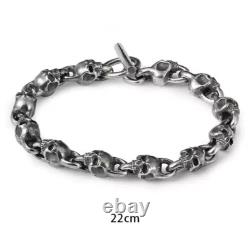 Bracelet couple en argent sterling 925 fait main, lourd, style biker punk rétro avec crânes solides