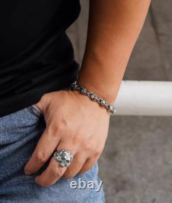 Bracelet couple en argent sterling 925 fait main, lourd, style biker punk rétro avec crânes solides
