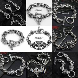 Bracelet couple en argent sterling 925 fait main, lourd, style biker punk rétro avec crânes solides