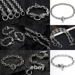 Bracelet couple en argent sterling 925 fait main, lourd, style biker punk rétro avec crânes solides
