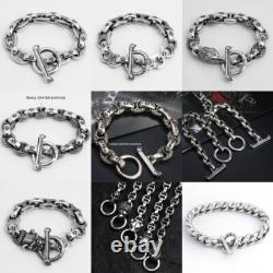 Bracelet couple en argent sterling 925 fait main, lourd, style biker punk rétro avec crânes solides