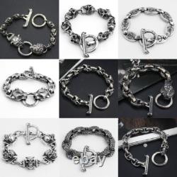 Bracelet couple en argent sterling 925 fait main, lourd, style biker punk rétro avec crânes solides