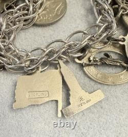 Bracelet de charme en argent sterling vintage avec pièces Houston Space Exposition universelle de 1964