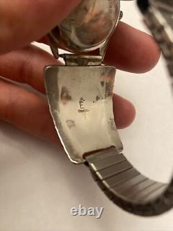 Bracelet de montre vintage Navajo en argent sterling et turquoise, marqué 'E Sterling'