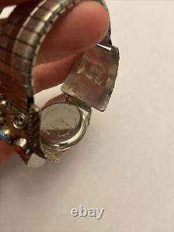 Bracelet de montre vintage Navajo en argent sterling et turquoise, marqué 'E Sterling'