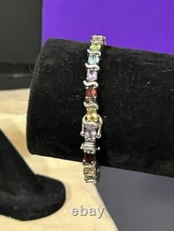 Bracelet de tennis vintage en argent sterling 925 avec topazes ovales de couleur arc-en-ciel