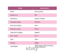 Bracelet en Charoïte en Cuivre avec Chaîne Ajustable en Argent Sterling 925 Bracelet Vintage