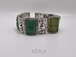 Bracelet en argent sterling 925 sculpté avec une pierre verte, motif aztèque, style vintage du Mexique - 86g
