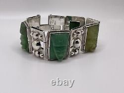 Bracelet en argent sterling 925 sculpté avec une pierre verte, motif aztèque, style vintage du Mexique - 86g