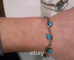 Bracelet en argent sterling 925 turquoise avec feuille belle vintage amérindien
