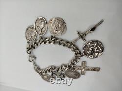 Bracelet en argent sterling unique avec 9 charms religieux 19 cm
