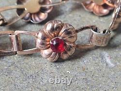 Bracelet en argent sterling vintage avec maillons en forme de fleur, strass rouge, GP 7.25 10.6g