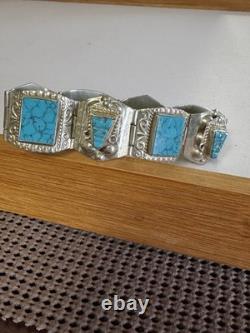 Bracelet en argent sterling vintage avec panneaux en turquoise signé 7,5 35g