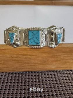 Bracelet en argent sterling vintage avec panneaux en turquoise signé 7,5 35g