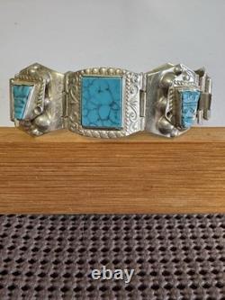 Bracelet en argent sterling vintage avec panneaux en turquoise signé 7,5 35g