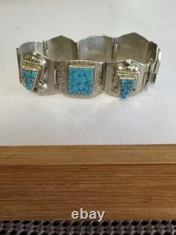 Bracelet en argent sterling vintage avec panneaux en turquoise signé 7,5 35g