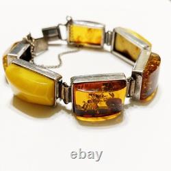 Bracelet en chaîne de livre en argent sterling vintage avec ambre jaune d'œuf et cognac de la Baltique