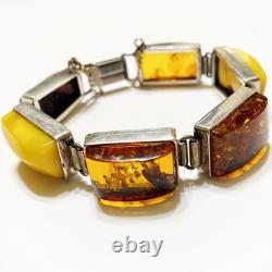 Bracelet en chaîne de livre en argent sterling vintage avec ambre jaune d'œuf et cognac de la Baltique