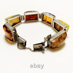 Bracelet en chaîne de livre en argent sterling vintage avec ambre jaune d'œuf et cognac de la Baltique