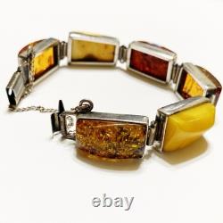 Bracelet en chaîne de livre en argent sterling vintage avec ambre jaune d'œuf et cognac de la Baltique
