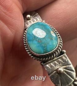 Bracelet jonc vintage en argent sterling avec turquoise bleue navajo, signé, 31g #197