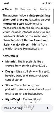 Bracelet manchette en argent sterling MOP Navajo amérindien vintage non signé