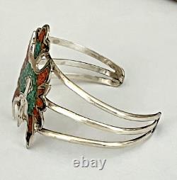 Bracelet manchette en argent sterling Navajo avec corail et turquoise