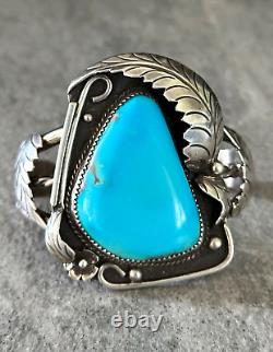 Bracelet vintage amérindien Navajo en argent sterling turquoise LARGE SIGNÉ