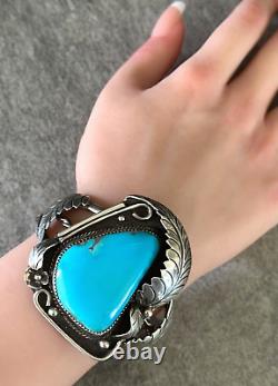 Bracelet vintage amérindien Navajo en argent sterling turquoise LARGE SIGNÉ