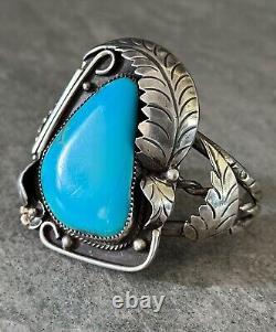 Bracelet vintage amérindien Navajo en argent sterling turquoise LARGE SIGNÉ