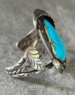 Bracelet vintage amérindien Navajo en argent sterling turquoise LARGE SIGNÉ