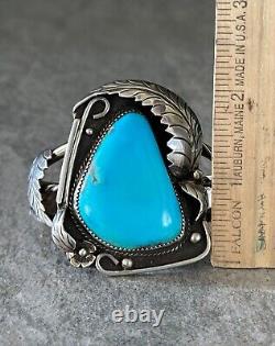 Bracelet vintage amérindien Navajo en argent sterling turquoise LARGE SIGNÉ