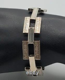 Bracelet vintage en argent sterling Rectangular Links avec design de fleurs gravées 6.5