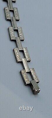 Bracelet vintage en argent sterling Rectangular Links avec design de fleurs gravées 6.5