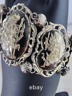 Bracelet vintage en argent sterling avec panneau de dieux tibétains du Siam - 7 pouces - 52.9 grammes