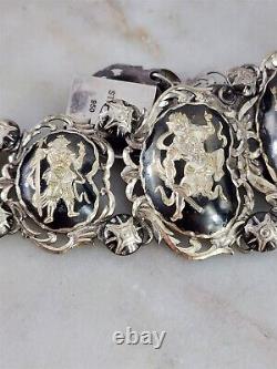 Bracelet vintage en argent sterling avec panneau de dieux tibétains du Siam - 7 pouces - 52.9 grammes