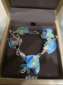 Bracelet vintage en émail de poisson en argent sterling 925 du Mexique noir