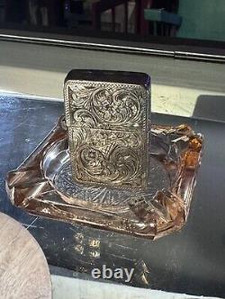 Briquet vintage en argent sterling 800, gravé à la main, avec insert Zippo du milieu du siècle