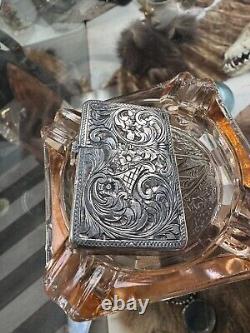 Briquet vintage en argent sterling 800, gravé à la main, avec insert Zippo du milieu du siècle