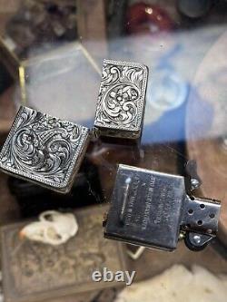 Briquet vintage en argent sterling 800, gravé à la main, avec insert Zippo du milieu du siècle