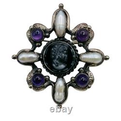 Broche Pendentif Vintage en Argent Sterling 925 avec Camée en Perle d'Améthyste