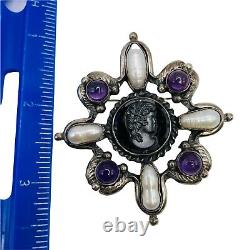 Broche Pendentif Vintage en Argent Sterling 925 avec Camée en Perle d'Améthyste