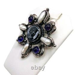Broche Pendentif Vintage en Argent Sterling 925 avec Camée en Perle d'Améthyste